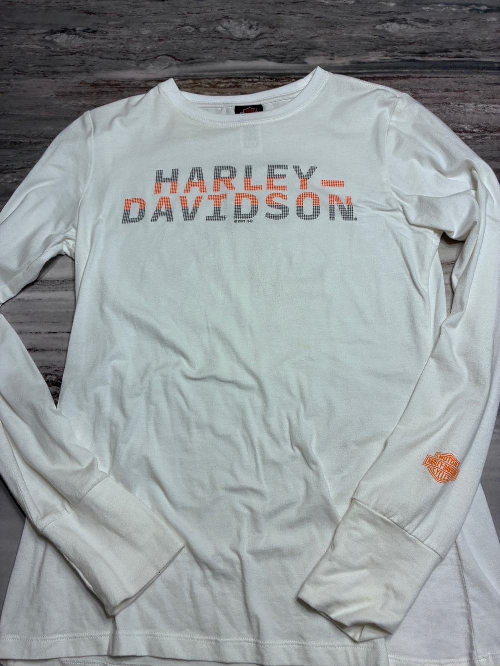 Harley-Davidson White Long Sleeve Shirt with Orange & Gray Logo like new sz S